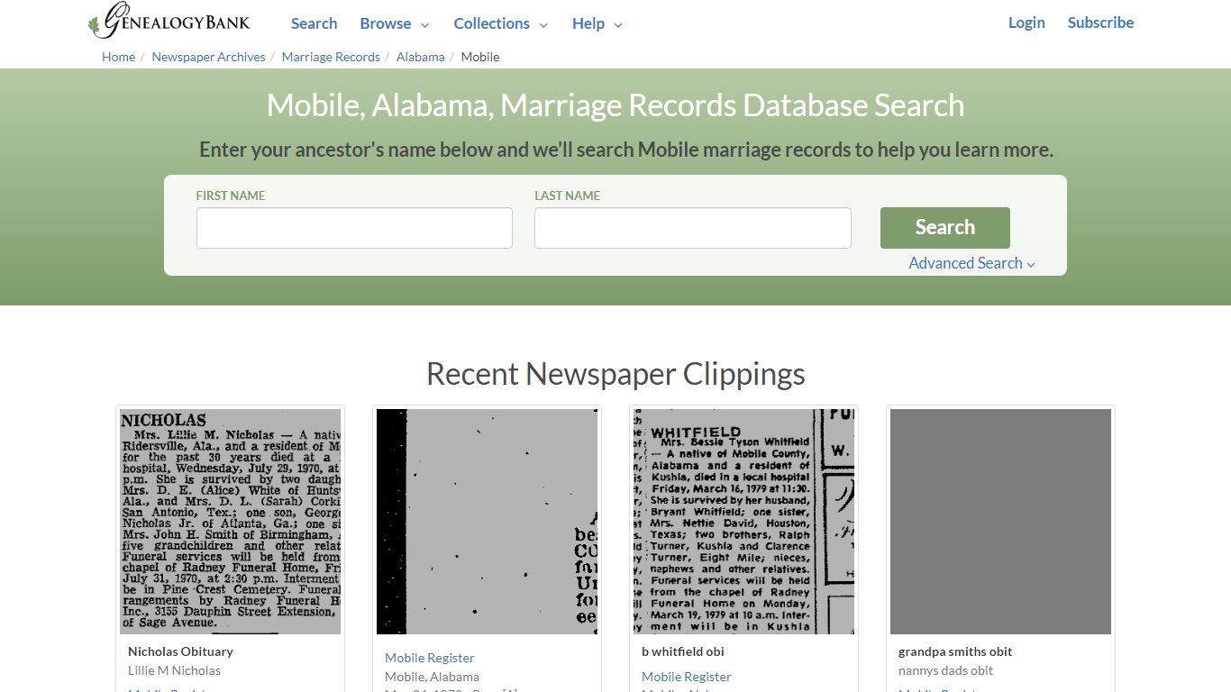 Mobile , Alabama , Marriage Records Database Search
